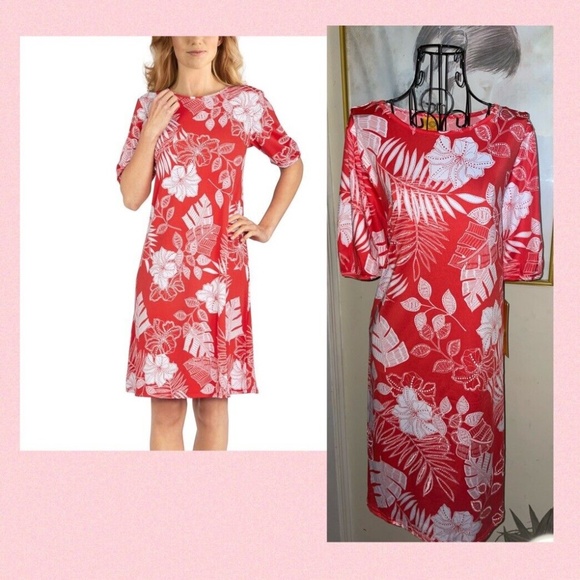 RUBY RD. "MUST HAVES III" "HIBISCUS & WHITE FLORAL" SHIFT DRESS~MEDIUM - Picture 1 of 4